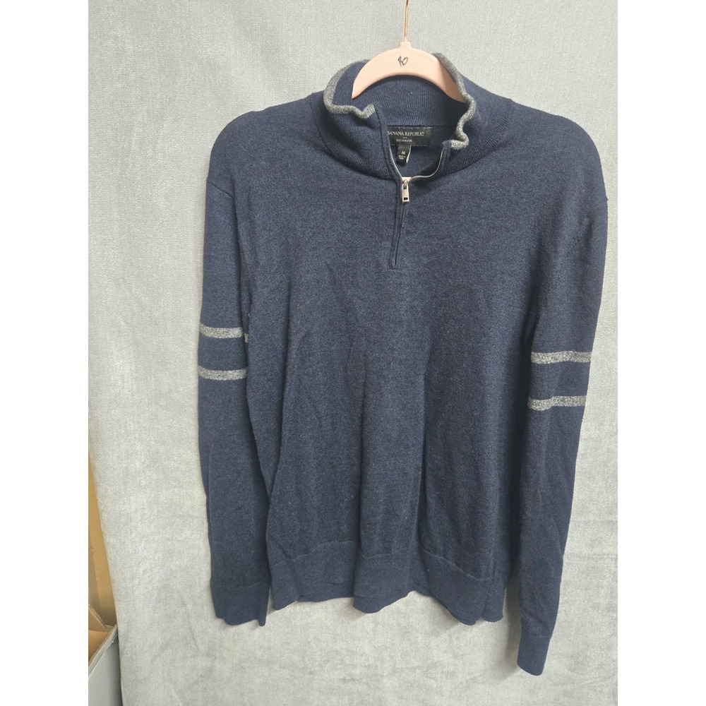 Banana Republic Mens Eco Sweater Navy Blue Quarter Zip Pullover Medium Stripe